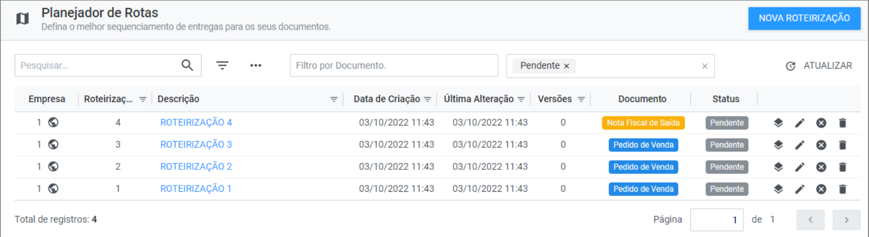 Lista de roteirizações